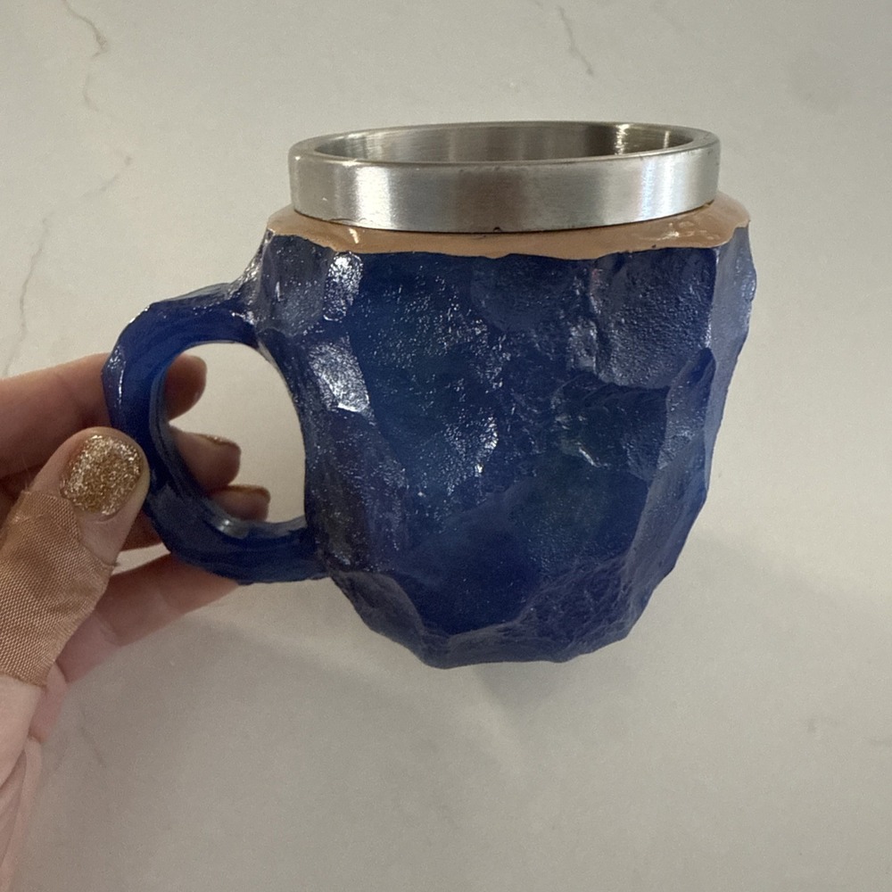 Blue Faux Crystal Coffee‎ Mug Resin w Stainless Steel Liner Mystical Witchy